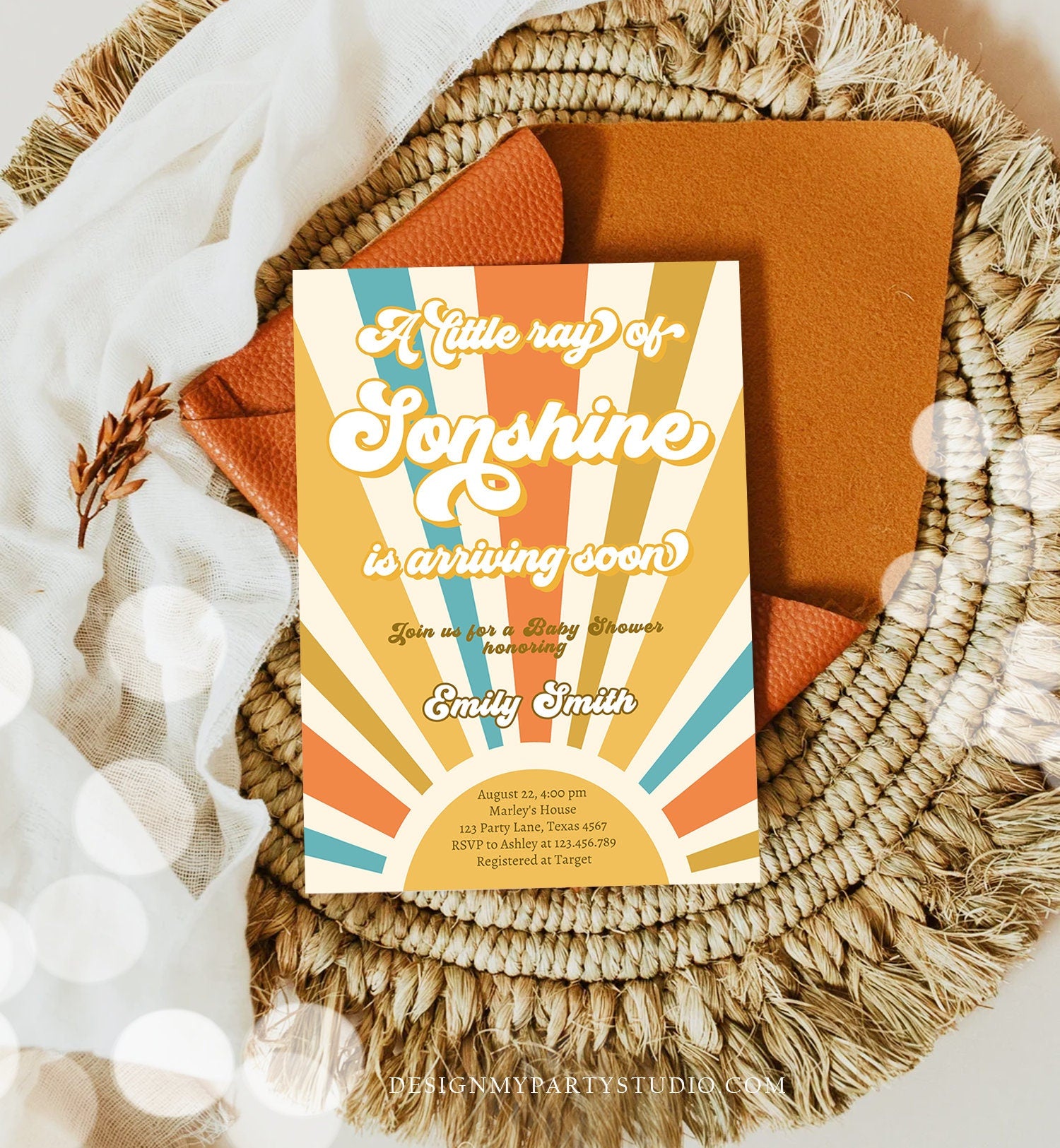 Editable Little Ray of Sonshine Baby Shower Invitation Baby Boy Sunshine Baby Shower Retro Instant Download Digital Corjl Template 0457