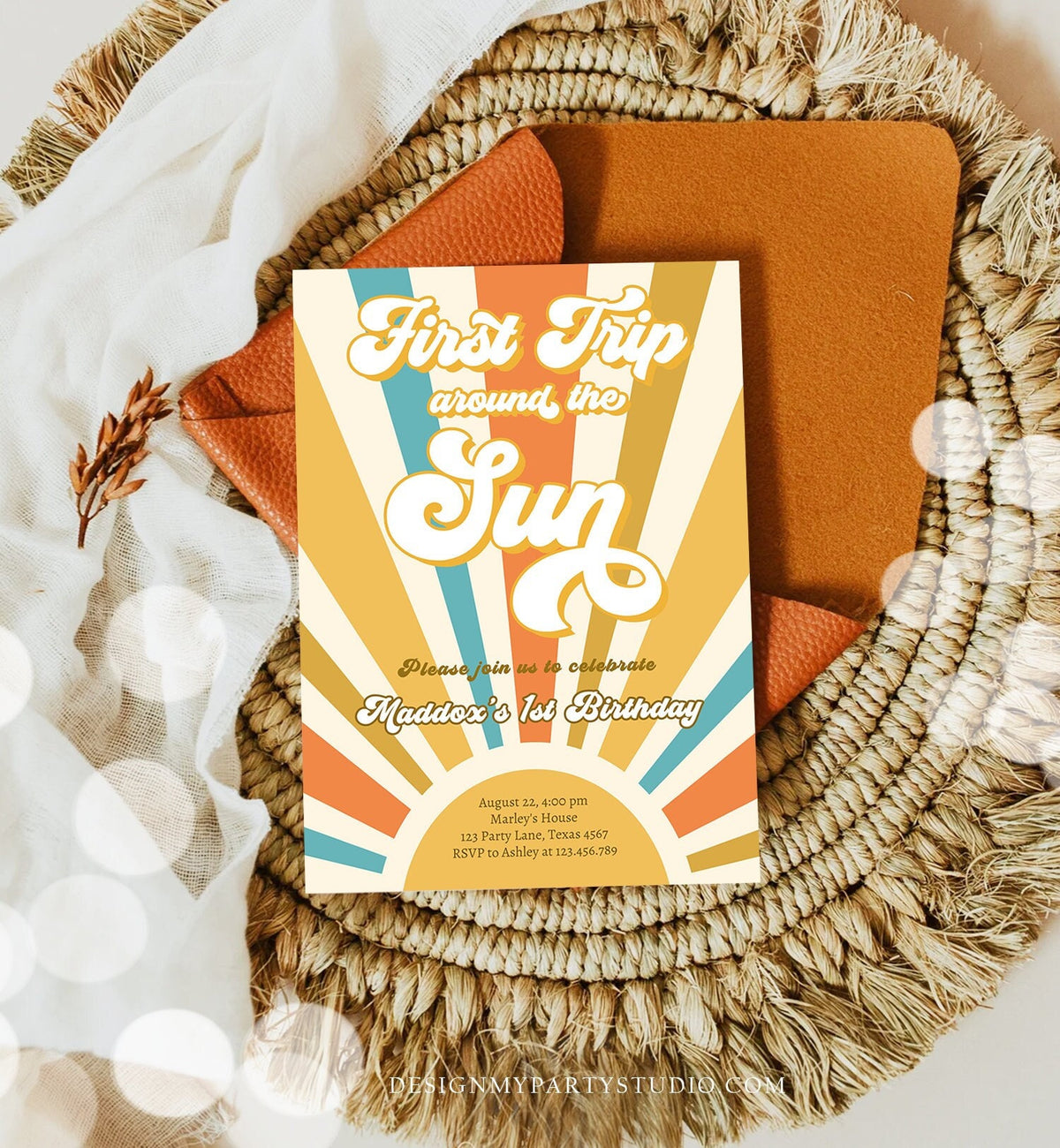 Editable First Trip Around The Sun Birthday Invitation 1st Birthday My Sunshine Boho Retro Digital Download Evite Template Printable 0457