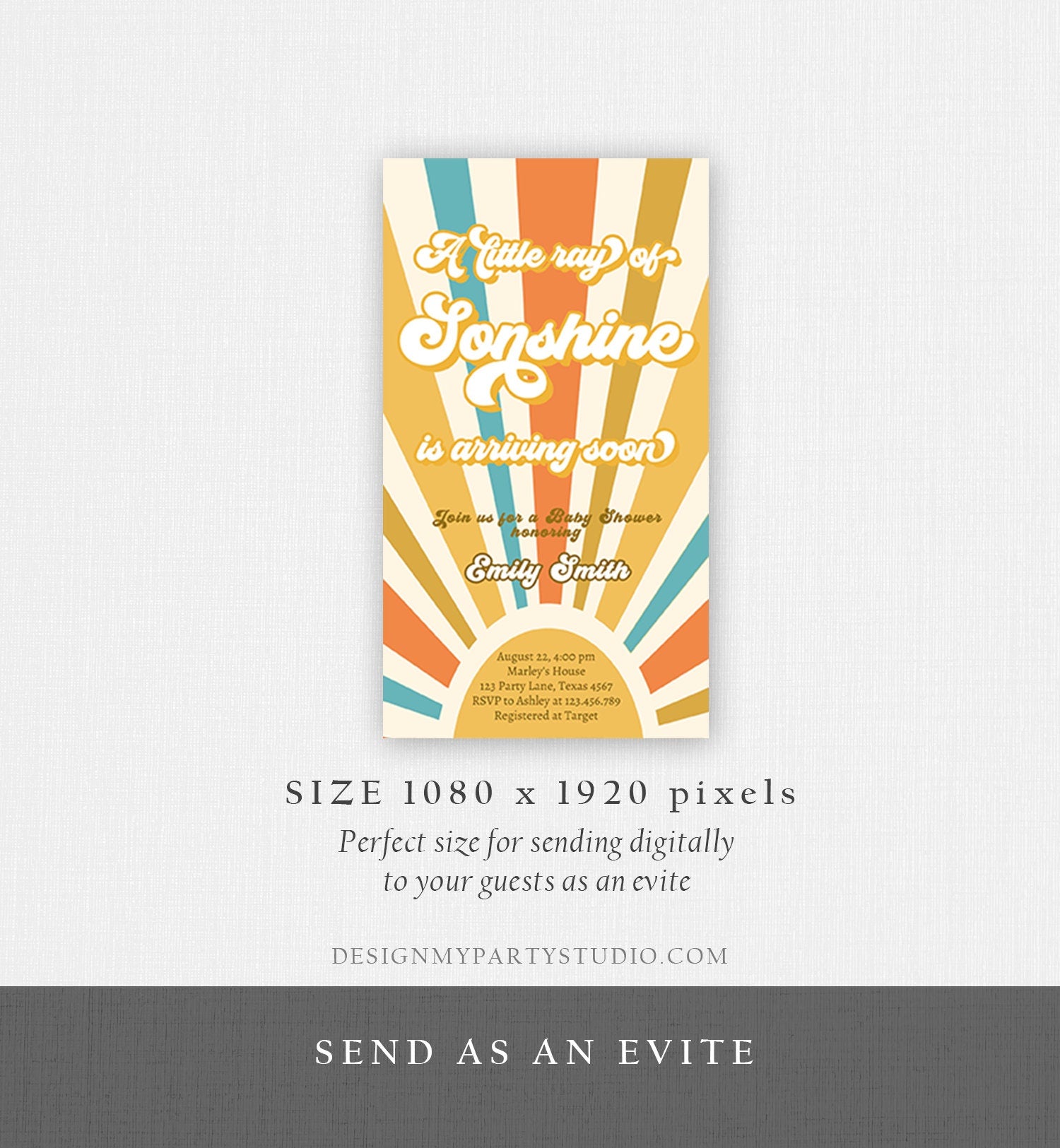 Editable Little Ray of Sonshine Baby Shower Invitation Baby Boy Retro Boho Sunshine Baby Shower Phone Digital Download Evite Template 0457