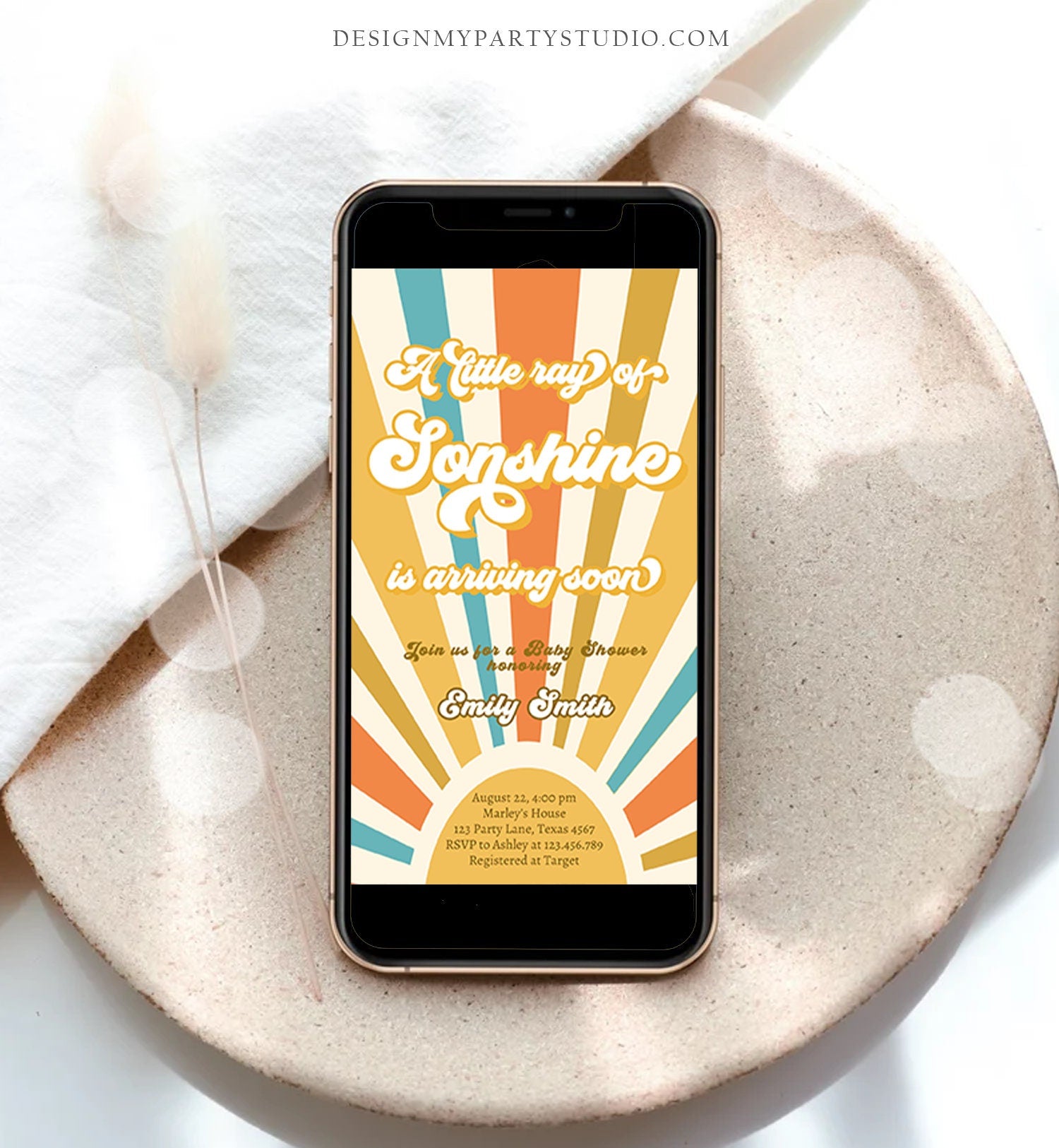 Editable Little Ray of Sonshine Baby Shower Invitation Baby Boy Retro Boho Sunshine Baby Shower Phone Digital Download Evite Template 0457