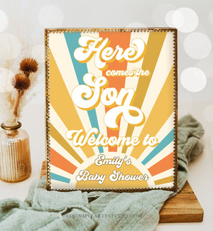 Editable Baby Shower Welcome Sign Sunshine Shower Here Comes the Son Welcome Poster Boy Retro Groovy Decor Corjl Template Printable 0457