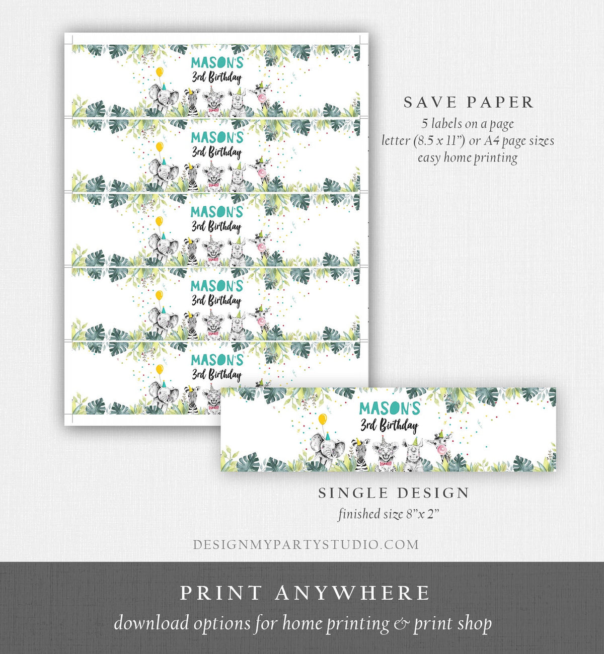 Editable Water Bottle Labels Party Animals Birthday Wild One Birthday Decor Safari Animals Zoo Printable Bottle Wrappers Template 0322