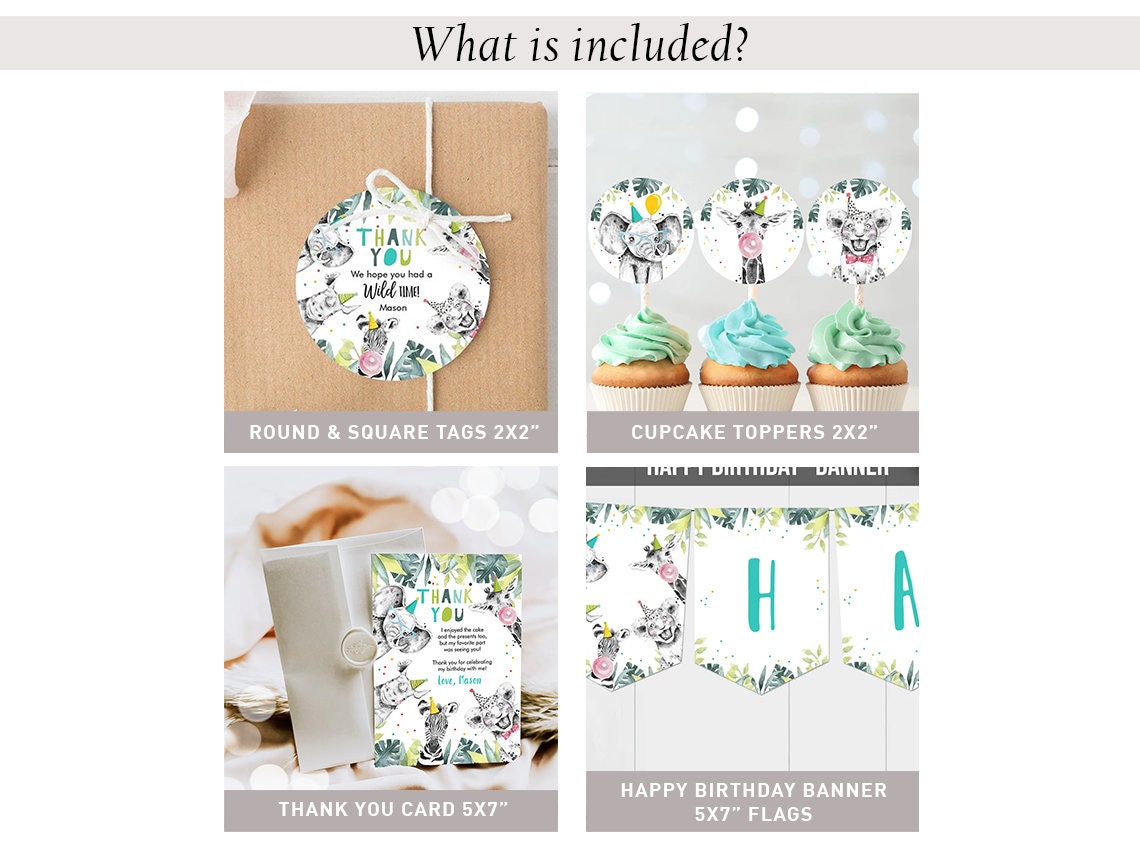 Party Animals Birthday Invitation Bundle Wild One Animals Zoo Safari Animals Boy Two Wild Party Pack Jungle Printable Corjl Template 0322