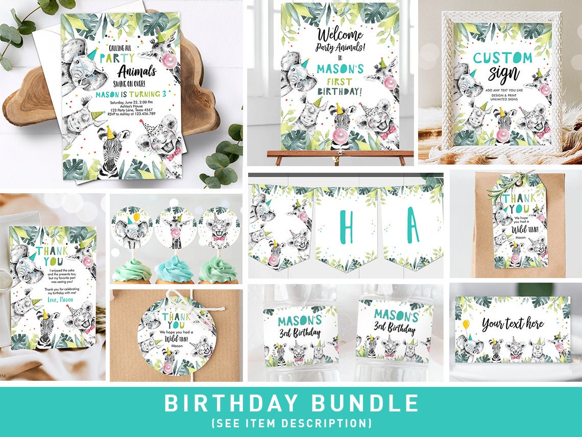 Party Animals Birthday Invitation Bundle Wild One Animals Zoo Safari Animals Boy Two Wild Party Pack Jungle Printable Corjl Template 0322