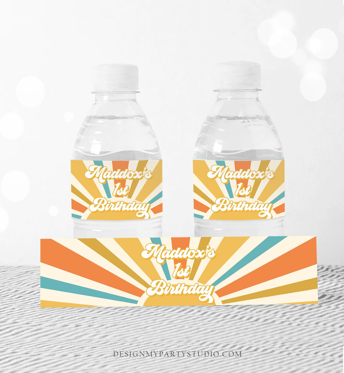 Editable Sunshine Water Bottle Label First Trip Around the Sun Birthday Decor Boho Retro Sonshine Label Digital Template Printable 0457