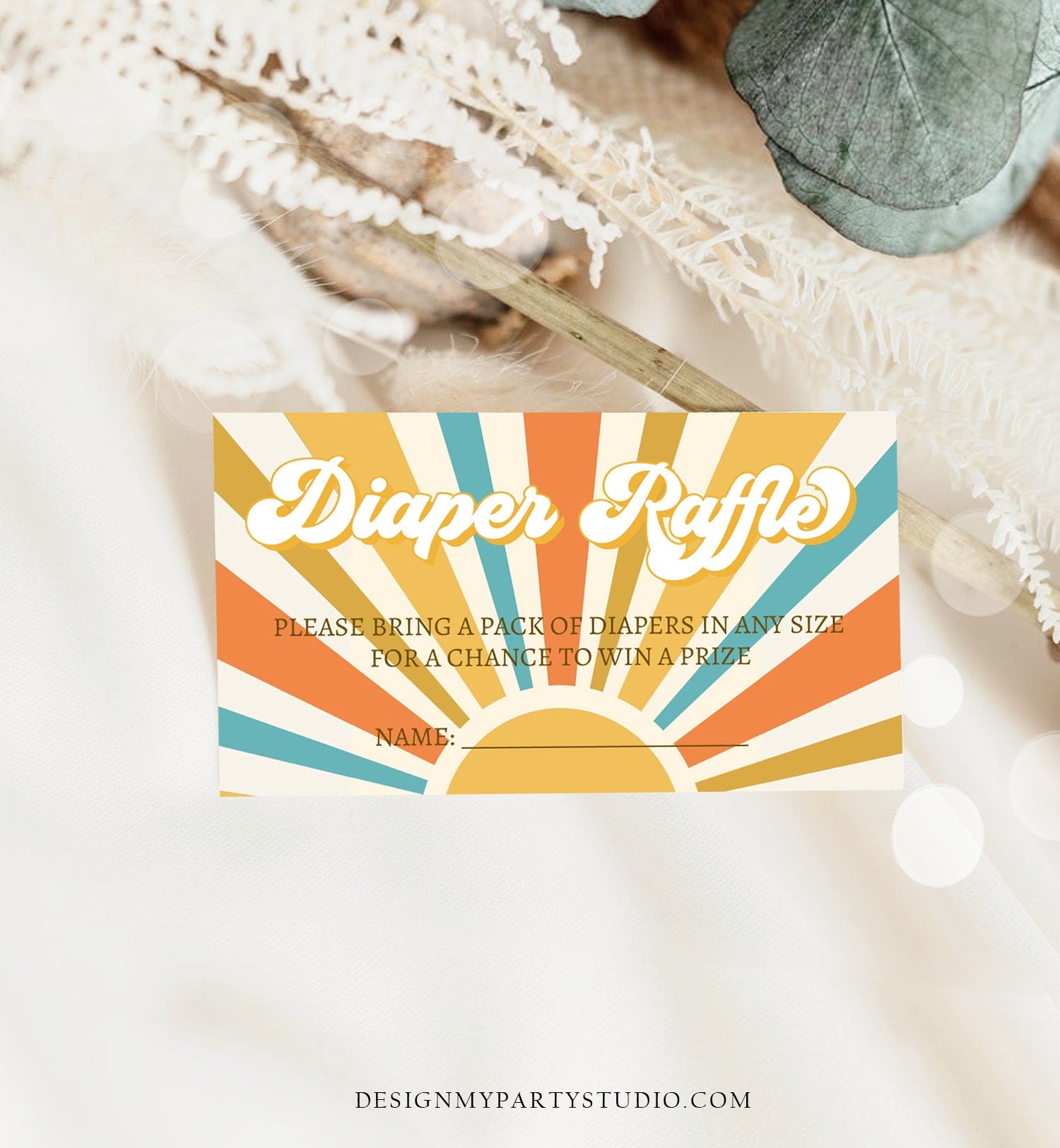 Editable Sunshine Diaper Raffle Ticket Ray of Sonshine Baby shower Boy Diaper Game Retro Groovy Boy Digital Template Printable 0457