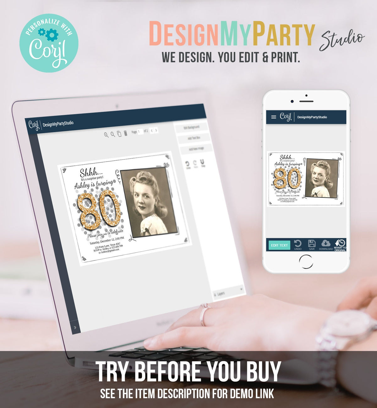 Editable ANY AGE Surprise Birthday Invitation Adult 80th Party Rustic Chalk Black Gold Glitter Photo Download Corjl Template Printable 0103