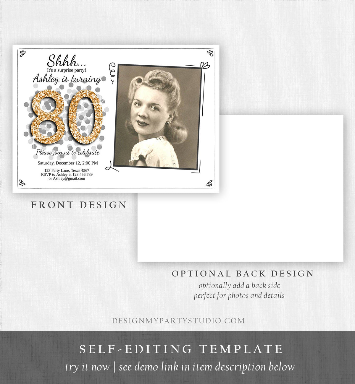 Editable ANY AGE Surprise Birthday Invitation Adult 80th Party Rustic Chalk Black Gold Glitter Photo Download Corjl Template Printable 0103