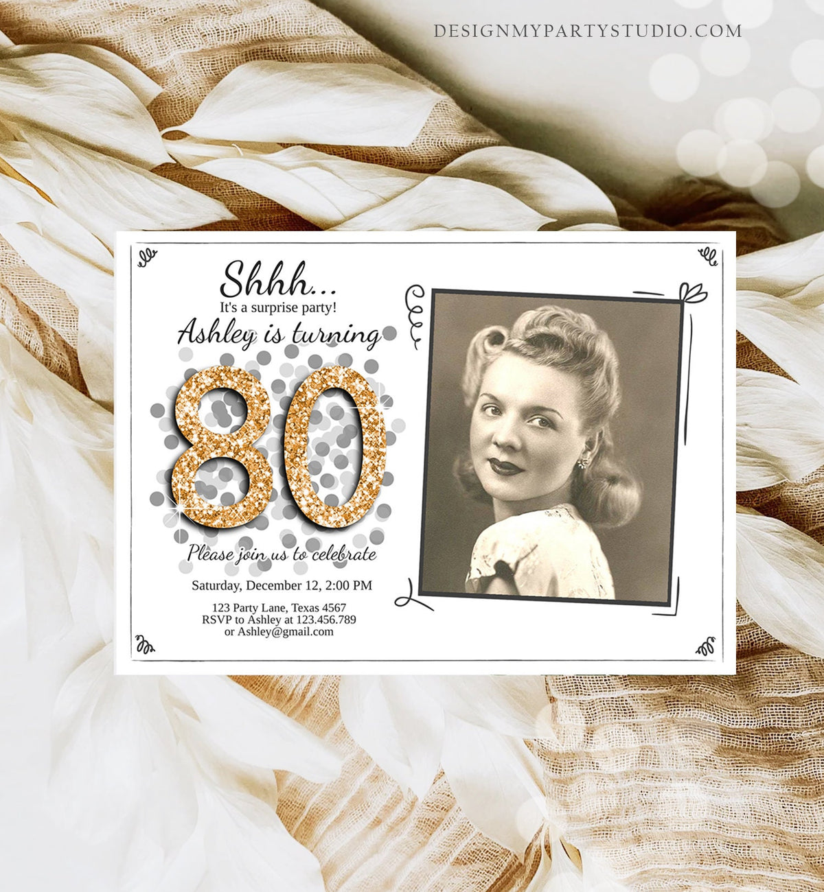 Editable ANY AGE Surprise Birthday Invitation Adult 80th Party Rustic Chalk Black Gold Glitter Photo Download Corjl Template Printable 0103