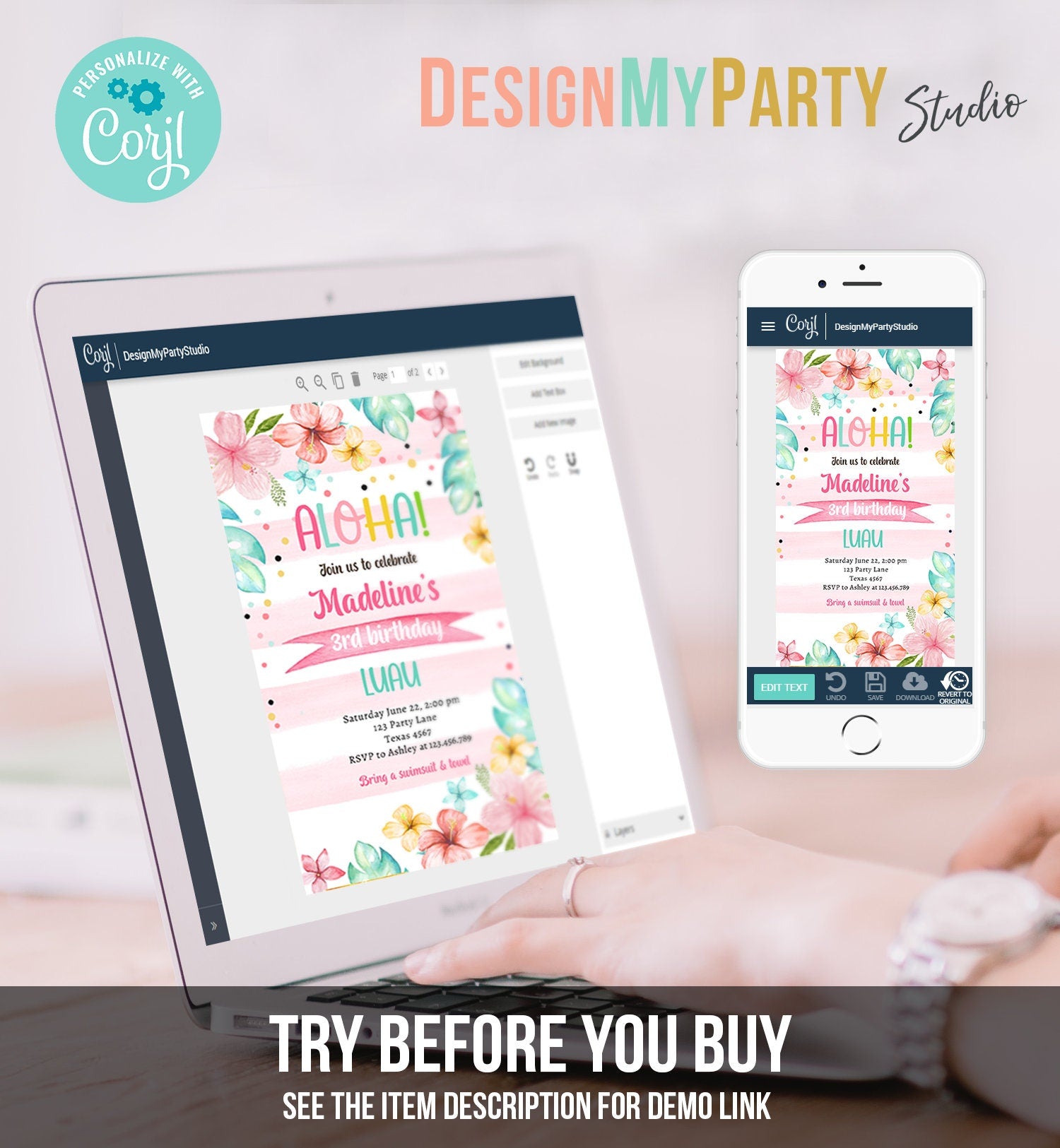 Editable Hawaiian Luau Birthday Evite Pineapple Birthday Pool Party Pink Girl Electronic Phone Digital Download Template Printable 0391