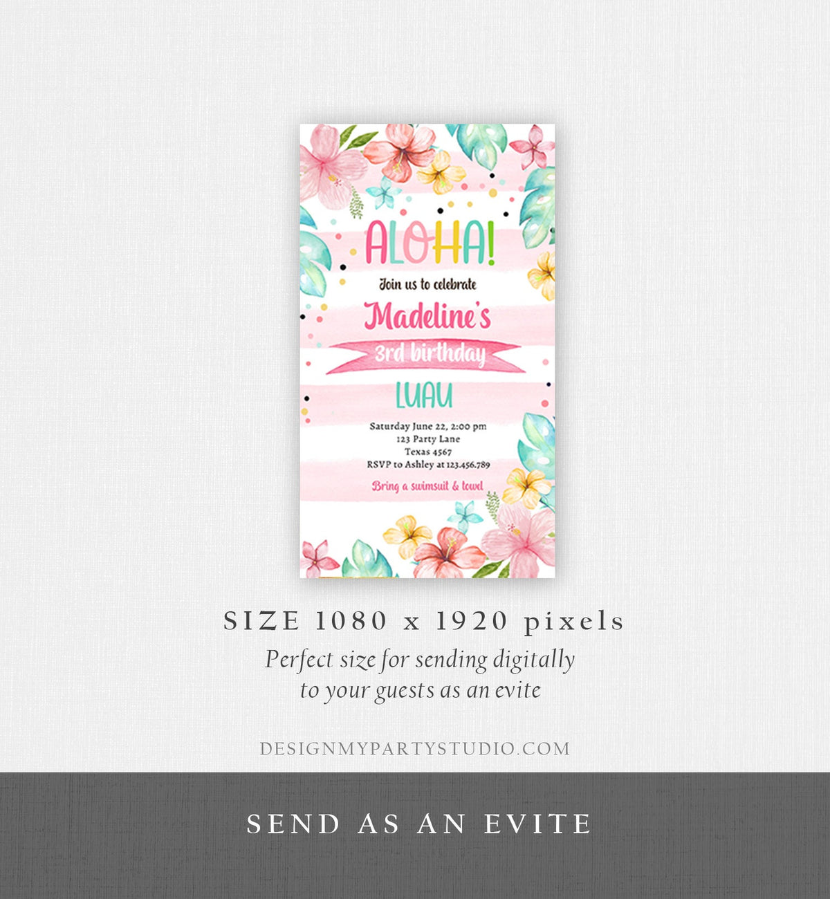 Editable Hawaiian Luau Birthday Evite Pineapple Birthday Pool Party Pink Girl Electronic Phone Digital Download Template Printable 0391