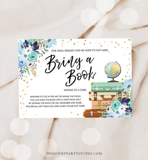 Editable Travel Bring a Book Card Baby Shower Books for Baby Adventure Floral Journey Begins Suitcases Blue Corjl Template Printable 0030