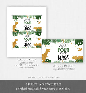Editable Four Ever Wild Dinosaur Gable Gift Box Labels Party Animals Gold Green 4th Fourth Birthday Boy Digital Corjl Printable 0146