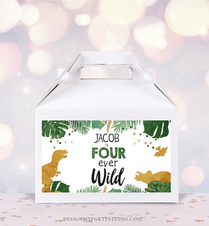 Editable Four Ever Wild Dinosaur Gable Gift Box Labels Party Animals Gold Green 4th Fourth Birthday Boy Digital Corjl Printable 0146