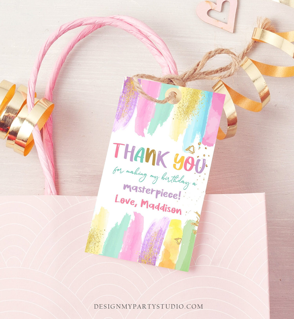 Editable Art Party Favor Tags Painting Party Thank You Tag Gift Tag Art Birthday Girl Pink Craft Paint Brush Corjl Template Printable 0450