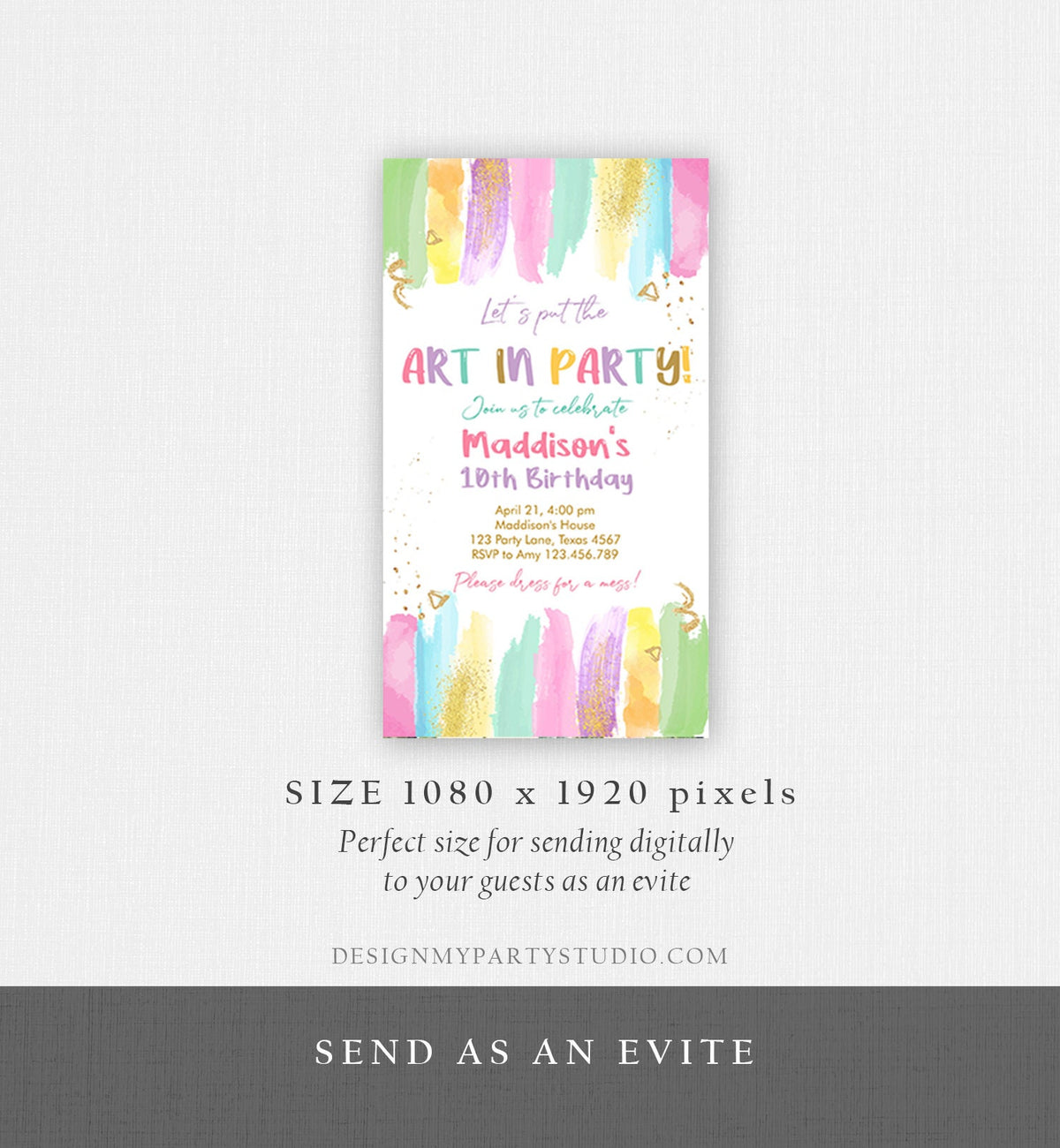 Editable Art Party Invitation Art Birthday Evite Painting Party Craft Party Rainbow Pastel Download Phone Electronic Digital Corjl 0450