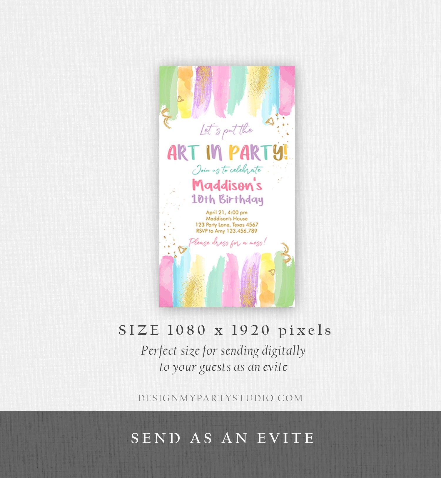 Editable Art Party Invitation Art Birthday Evite Painting Party Craft Party Rainbow Pastel Download Phone Electronic Digital Corjl 0450