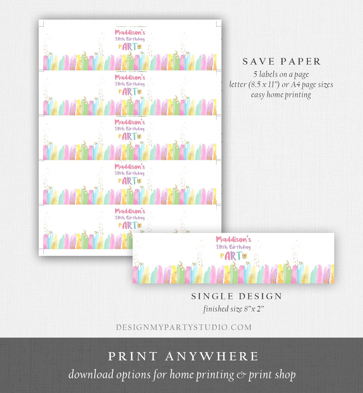 Editable Art Party Water Bottle Labels Painting Birthday Decor Craft Birthday Art Party Rainbow Pastel Labels Bottle Template Corjl 0450