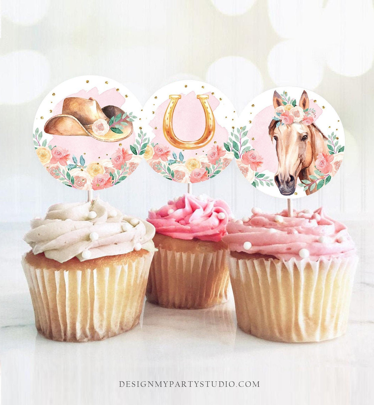Horse Cupcake Toppers Favor Tags Girl Saffle Up Pony Birthday Party Decoration Cowgirl Floral Horse Pink Download Digital PRINTABLE 0398