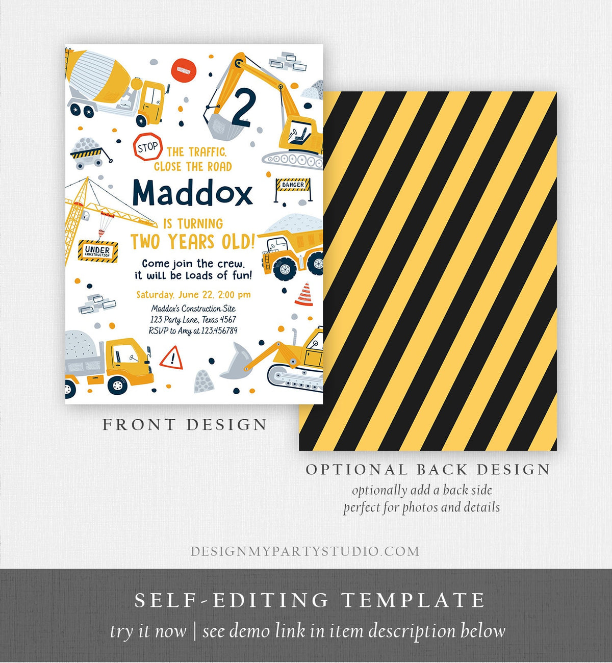 Editable Construction Birthday Invitation Yellow Dump Truck Invite Digger Party Boy Instant Download Printable Template Digital Corjl 0458