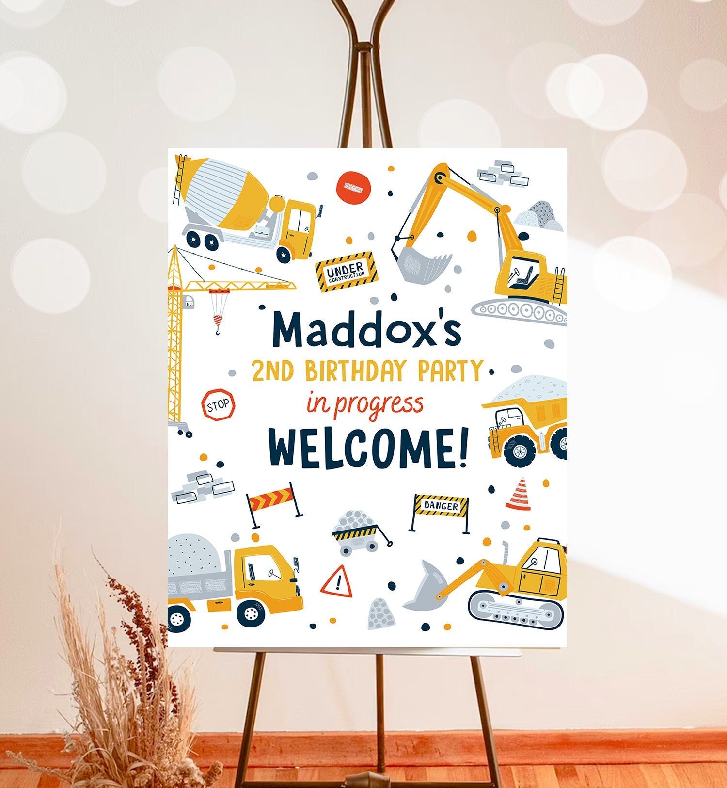 Editable Construction Birthday Welcome Sign Yellow Dump Truck Construction Sign Digger Boy Construction Decor Template Corjl PRINTABLE 0458