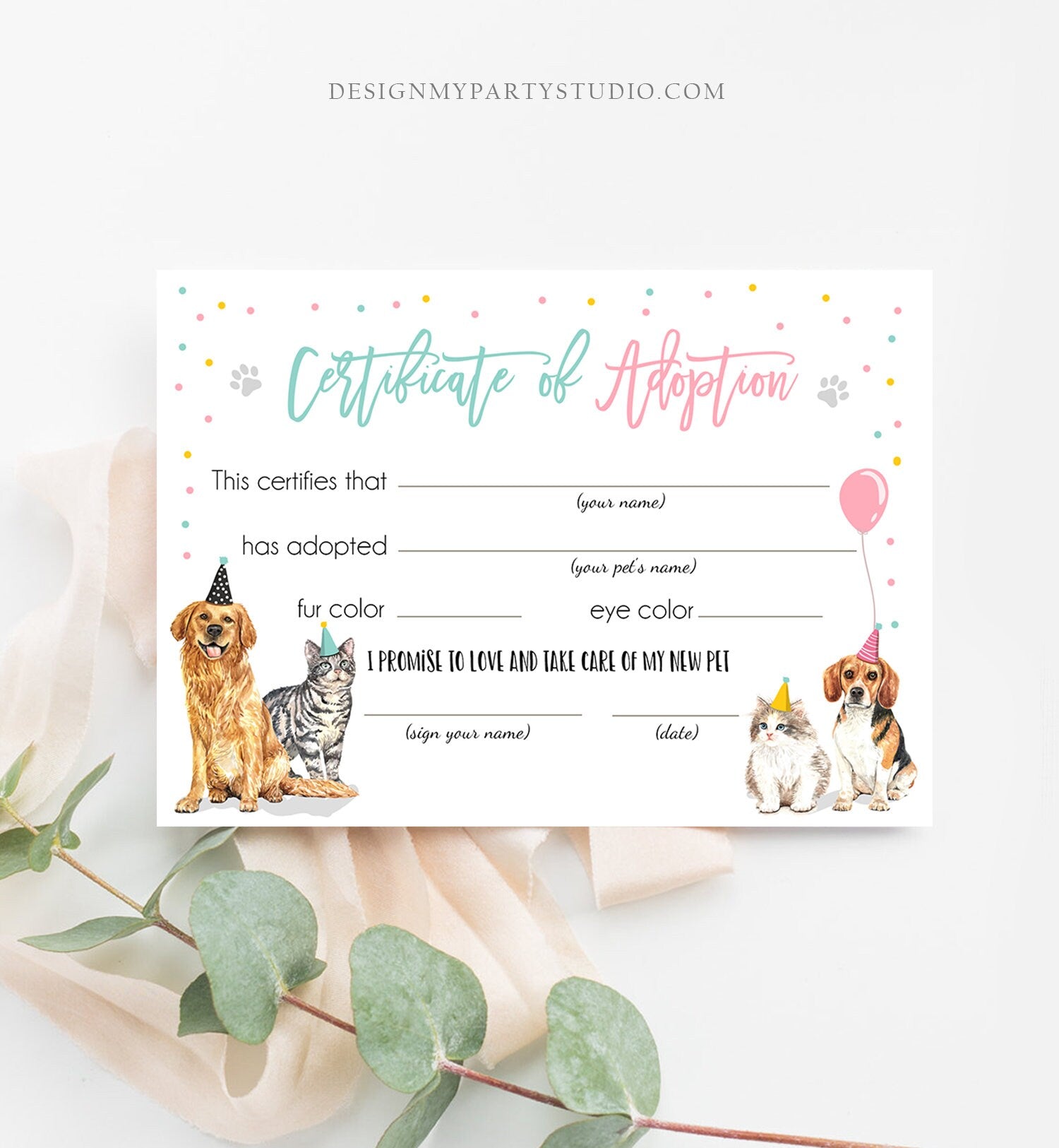 Pet Adoption Certificate Puppy Kitten Adoption Dogs and Cats Birthday Party Adopt A Pet Vet Adoption Instant Download Digital PRINTABLE 0384
