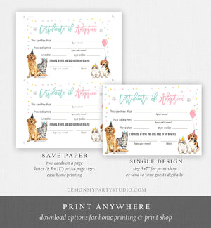 Pet Adoption Certificate Puppy Kitten Adoption Dogs and Cats Birthday Party Adopt A Pet Vet Adoption Instant Download Digital PRINTABLE 0384