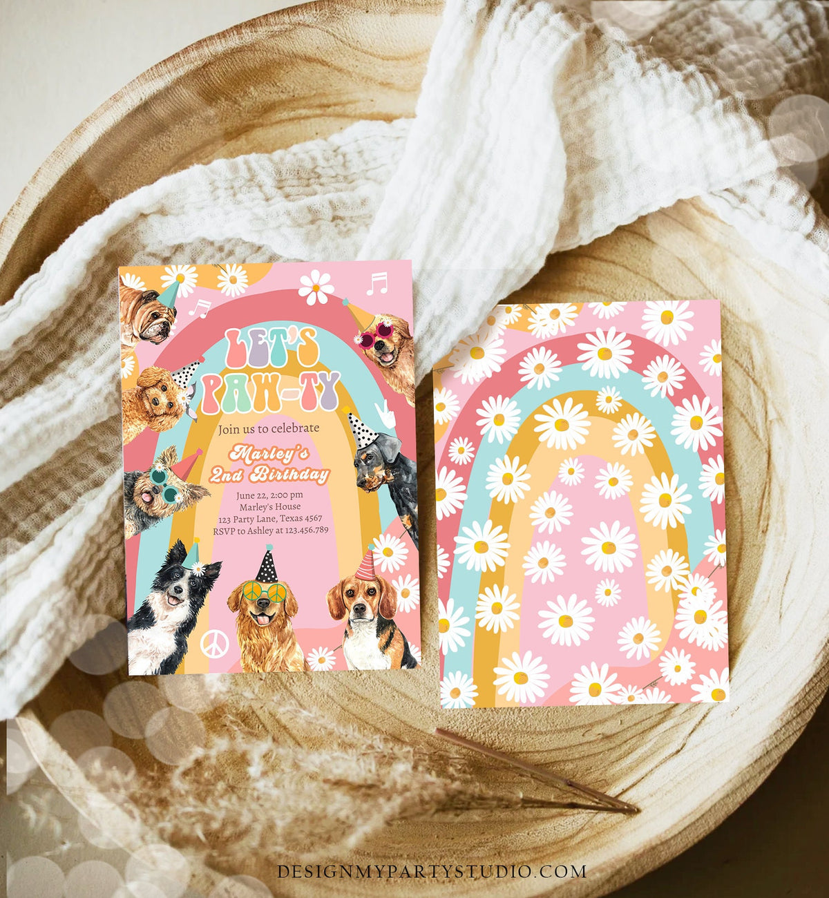 Editable Groovy Dog Birthday Party Invitation Retro Groovy Puppy Girl Doggy Daisy Lets Pawty Digital Download Evite Template Printable 0463