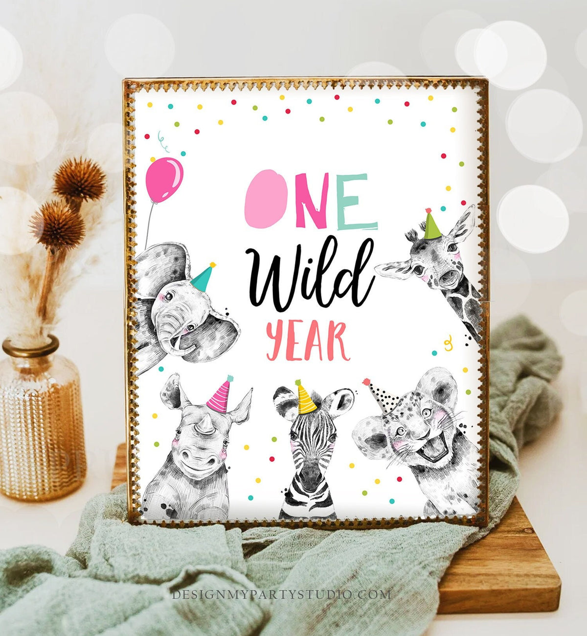One Wild Year Birthday Sign Party Wild One First Birthday 1st Safari Animals Party Animals Zoo Girl Pink Decor Download Printable 0390