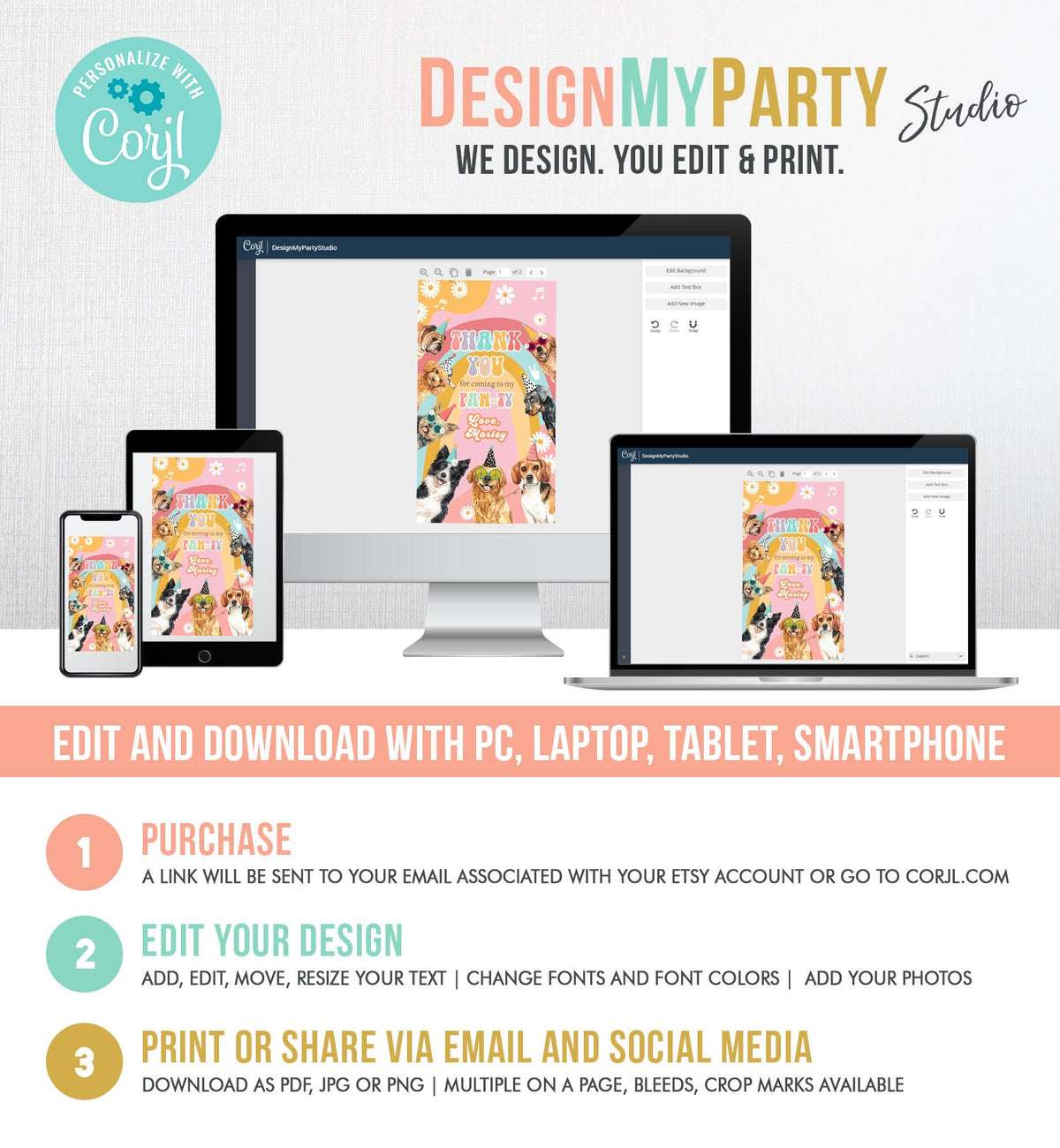 Editable Groovy Puppy Favor tags Retro Dog Birthday Thank you tag Girl Pink Puppies Pup Pet Hippie Groovy Dog Template PRINTABLE Corjl 0463