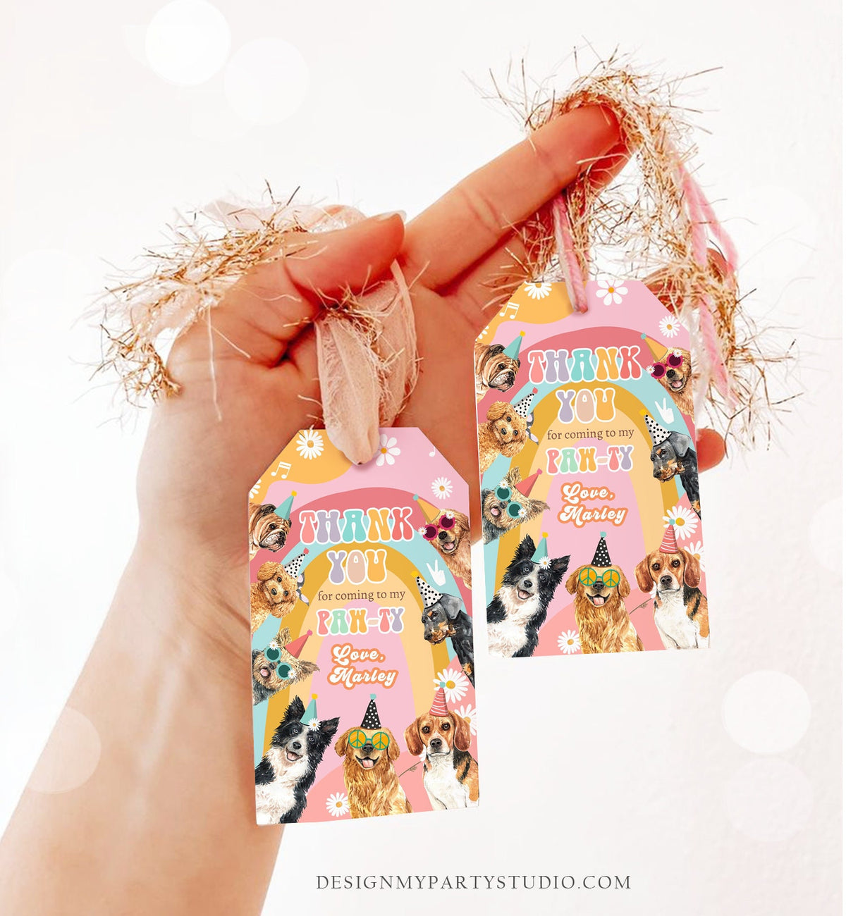 Editable Groovy Puppy Favor tags Retro Dog Birthday Thank you tag Girl Pink Puppies Pup Pet Hippie Groovy Dog Template PRINTABLE Corjl 0463