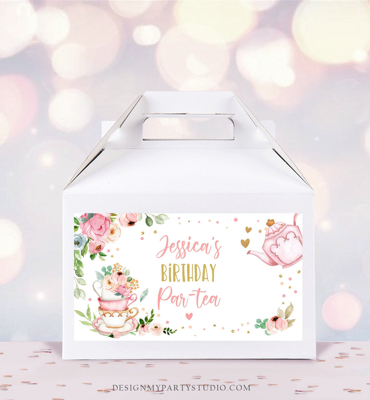 Editable Tea Party Gable Gift Box Label Tea Birthday Par-tea Girl Treat Box Label Floral Pink Favor Download Printable Digital Corjl 0349