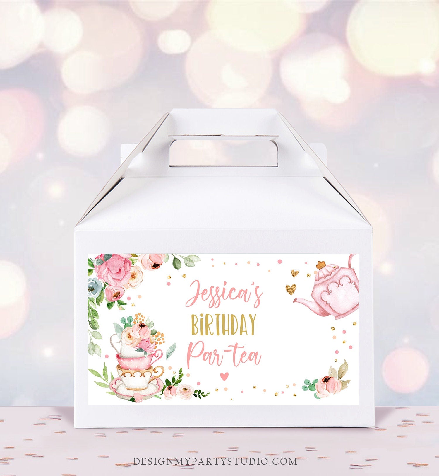 Editable Tea Party Gable Gift Box Label Tea Birthday Par-tea Girl Treat Box Label Floral Pink Favor Download Printable Digital Corjl 0349