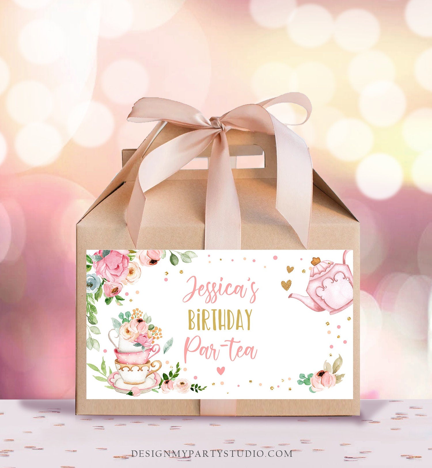 Editable Tea Party Gable Gift Box Label Tea Birthday Par-tea Girl Treat Box Label Floral Pink Favor Download Printable Digital Corjl 0349