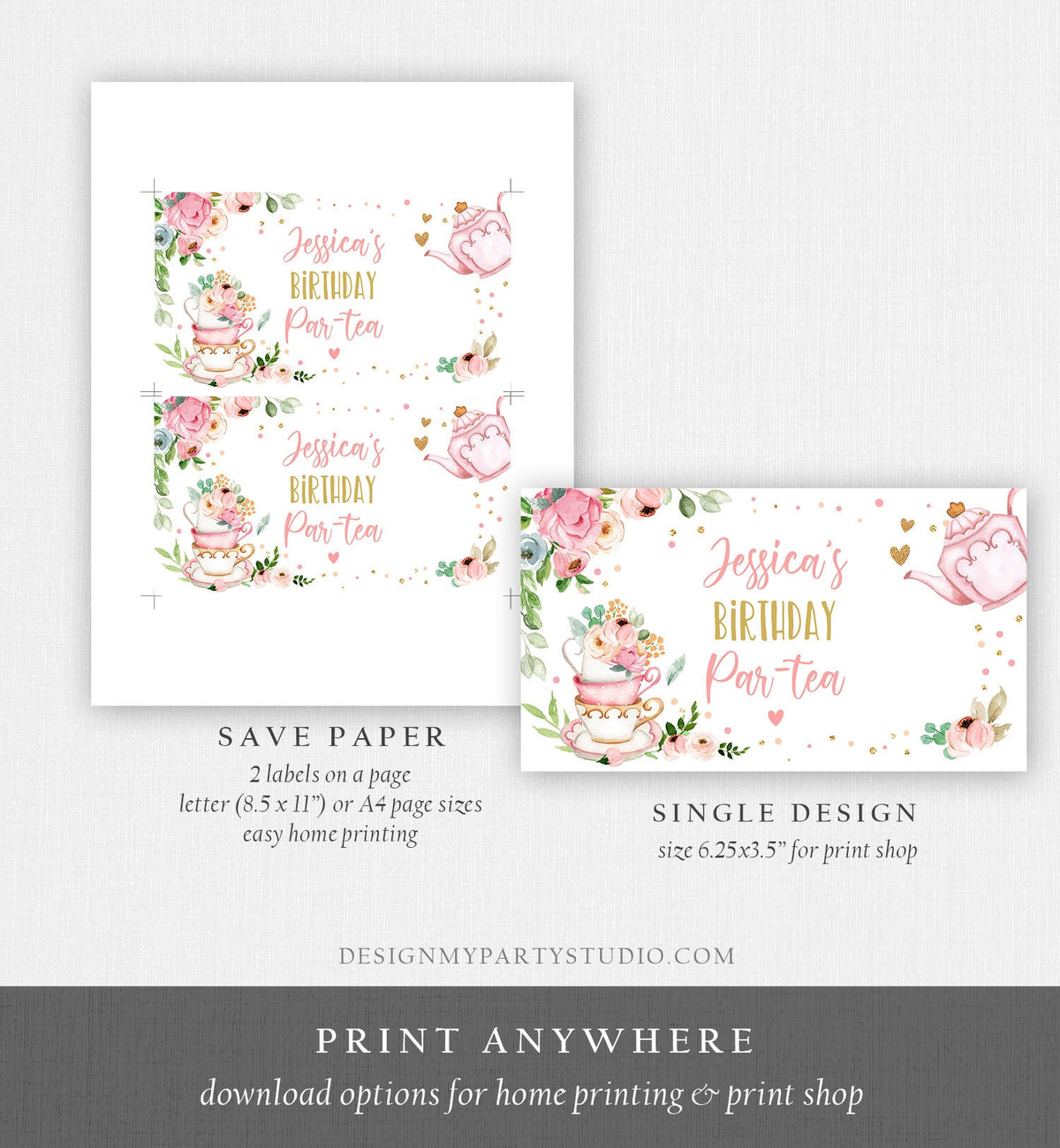 Editable Tea Party Gable Gift Box Label Tea Birthday Par-tea Girl Treat Box Label Floral Pink Favor Download Printable Digital Corjl 0349