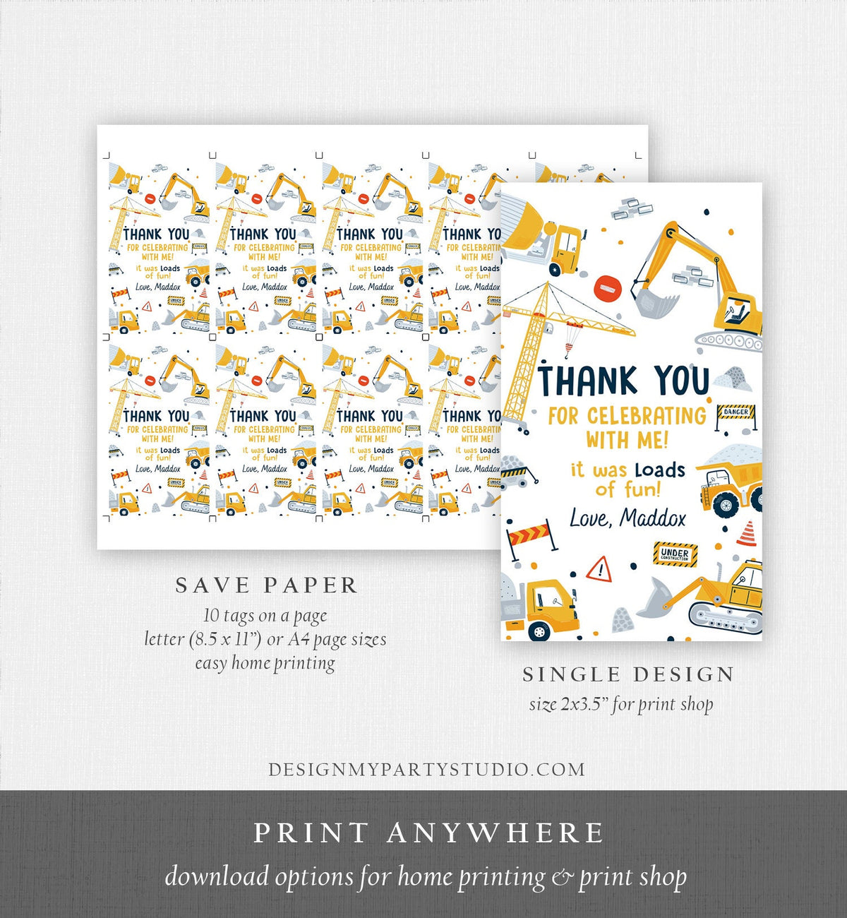 Editable Construction Thank You Tags Construction Birthday Favor Tags Boy Dump Truck Digger Party Download Printable Corjl Template 0458