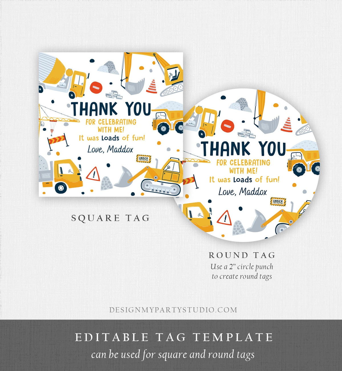 Editable Construction Thank You Tags Construction Birthday Favors Sticker Boy Dump Truck Digger Party Digital Template Printable 0458