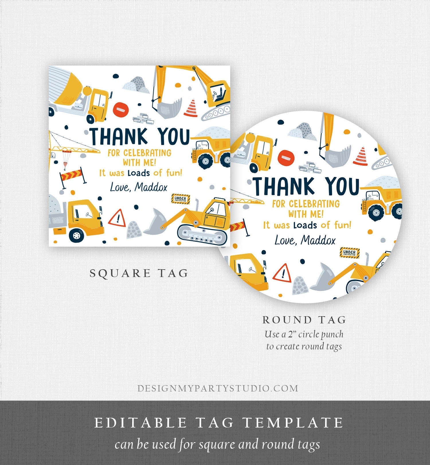 Editable Construction Thank You Tags Construction Birthday Favors Sticker Boy Dump Truck Digger Party Digital Template Printable 0458