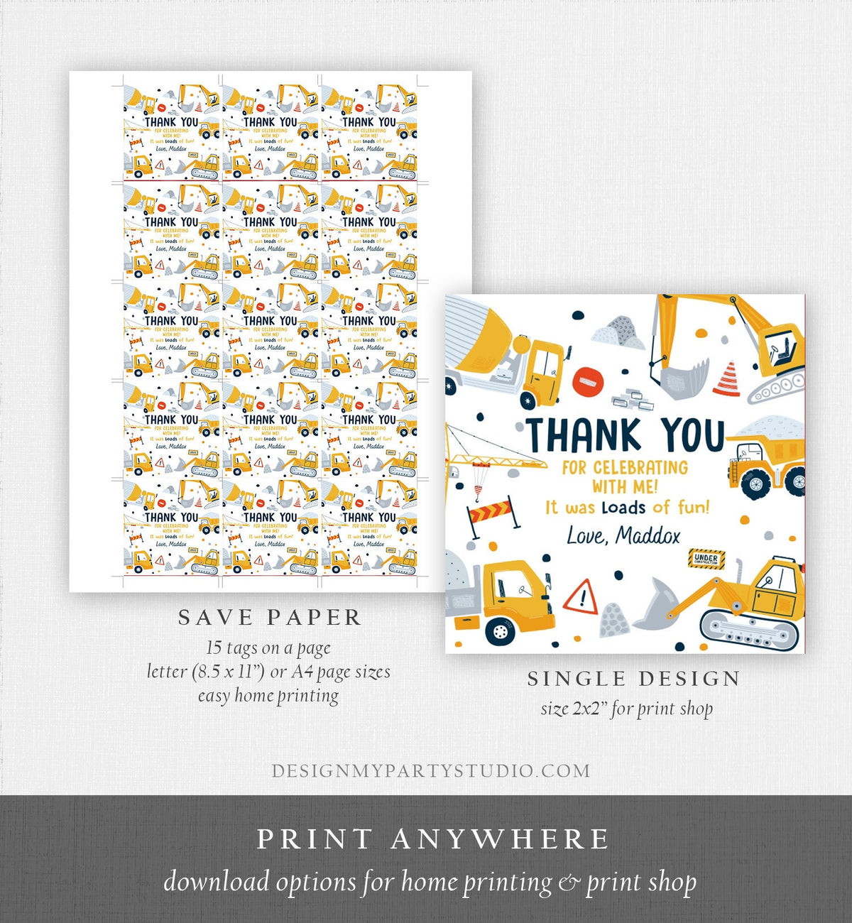 Editable Construction Thank You Tags Construction Birthday Favors Sticker Boy Dump Truck Digger Party Digital Template Printable 0458