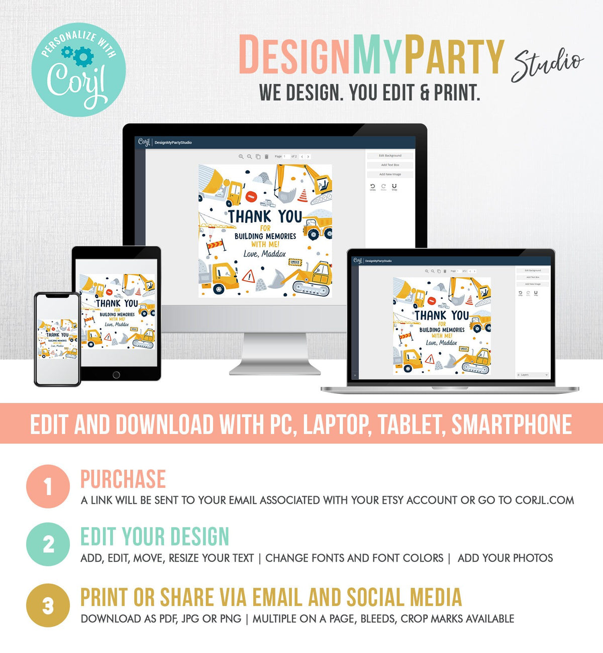 Editable Construction Thank You Tags Construction Birthday Favors Sticker Boy Dump Truck Digger Party Digital Template Printable 0458