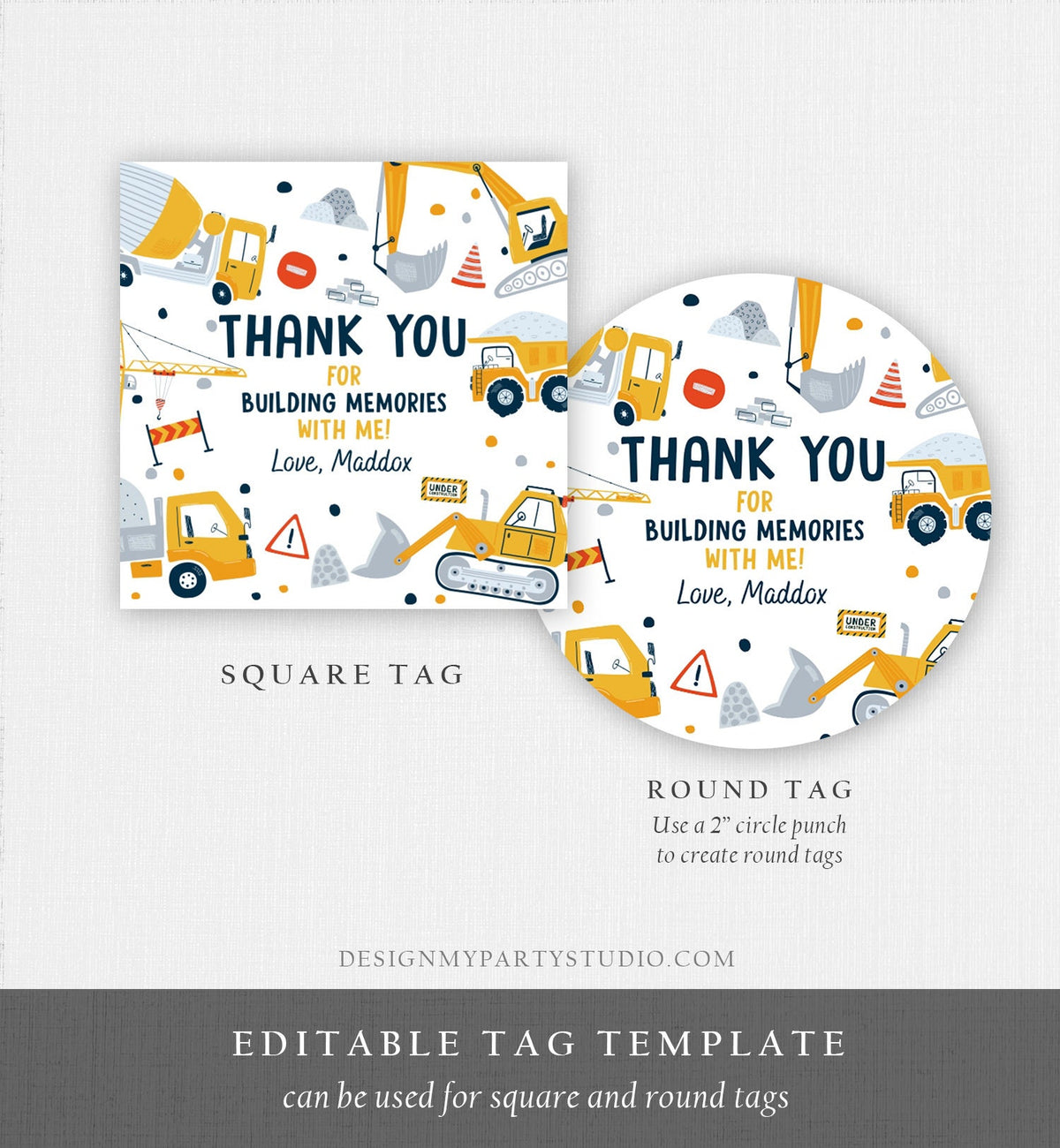 Editable Construction Thank You Tags Construction Birthday Favors Sticker Boy Dump Truck Digger Party Digital Template Printable 0458