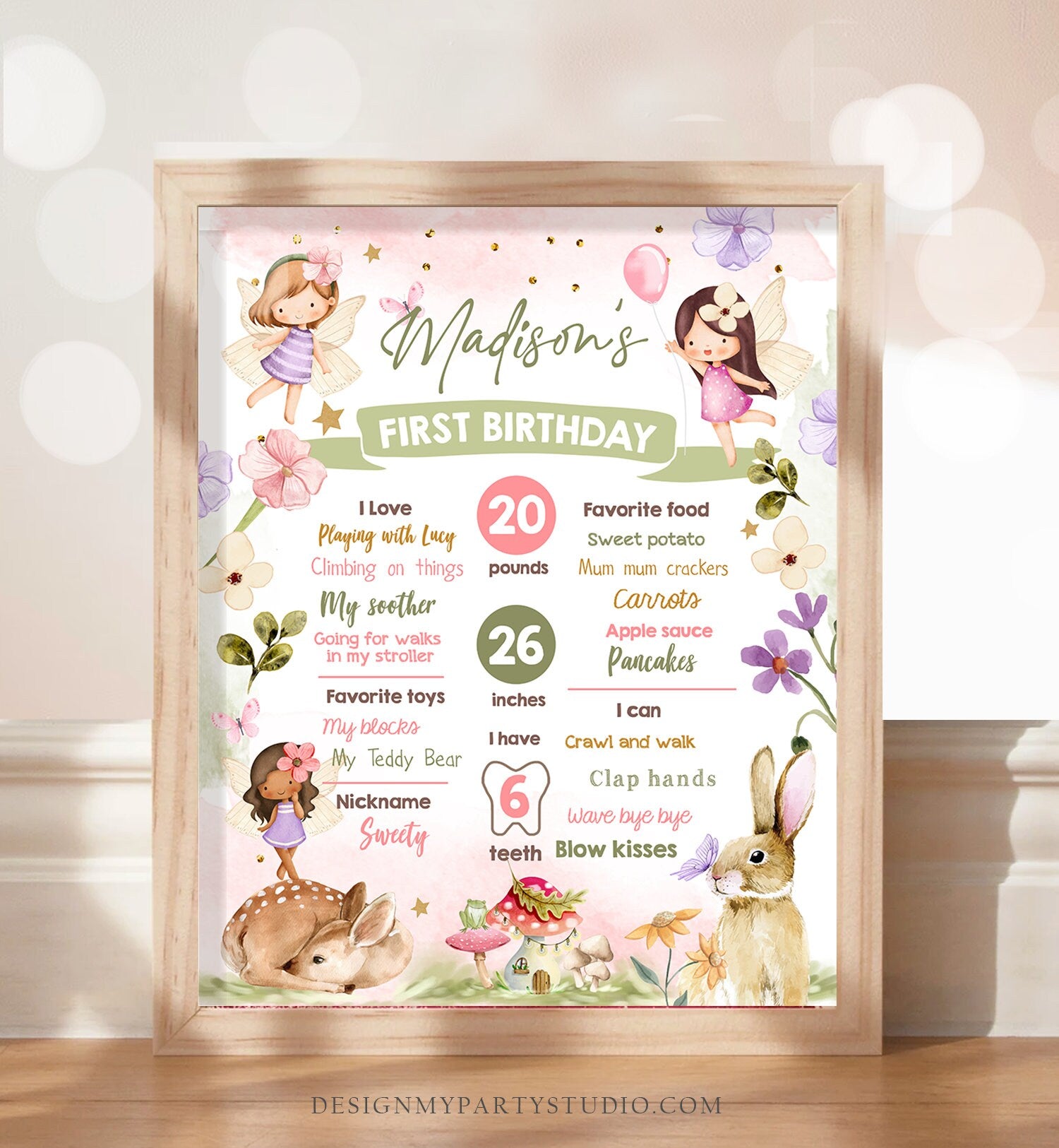 Editable Fairy Birthday Milestones Sign Fairy Tea Party Girl Birthday Garden Party Fairy First Birthday Stats Digital Template Download 0438