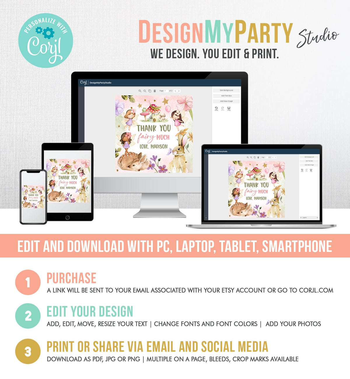 Editable Fairy Favor Tags Enchanted Forest Birthday Thank you tags Label Girl Fairy Garden Stickers Download Template PRINTABLE Corjl 0438