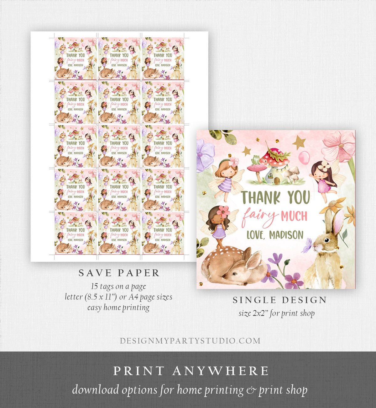 Editable Fairy Favor Tags Enchanted Forest Birthday Thank you tags Label Girl Fairy Garden Stickers Download Template PRINTABLE Corjl 0438