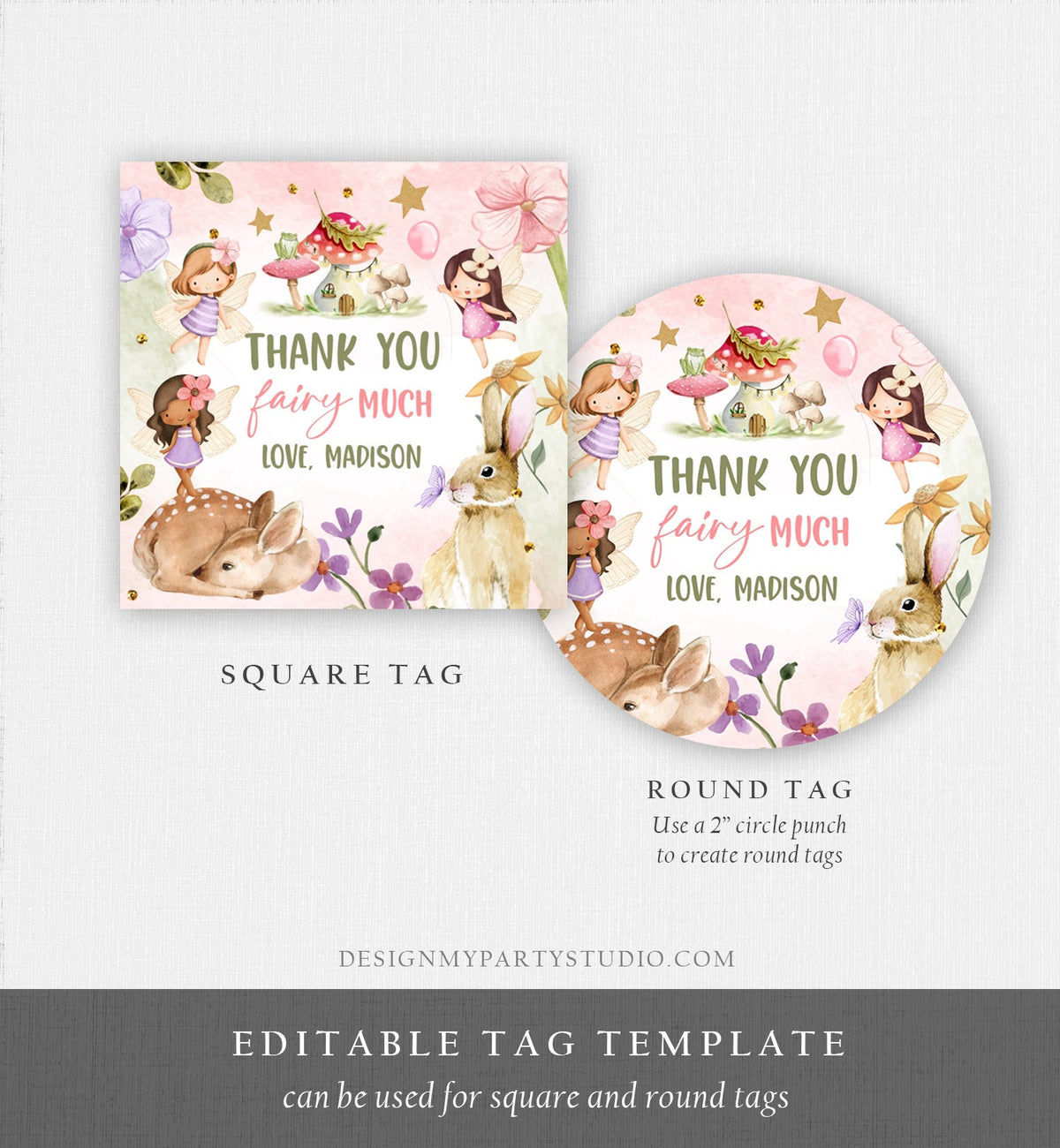 Editable Fairy Favor Tags Enchanted Forest Birthday Thank you tags Label Girl Fairy Garden Stickers Download Template PRINTABLE Corjl 0438