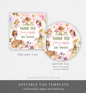 Editable Fairy Favor Tags Enchanted Forest Birthday Thank you tags Label Girl Fairy Garden Stickers Download Template PRINTABLE Corjl 0438