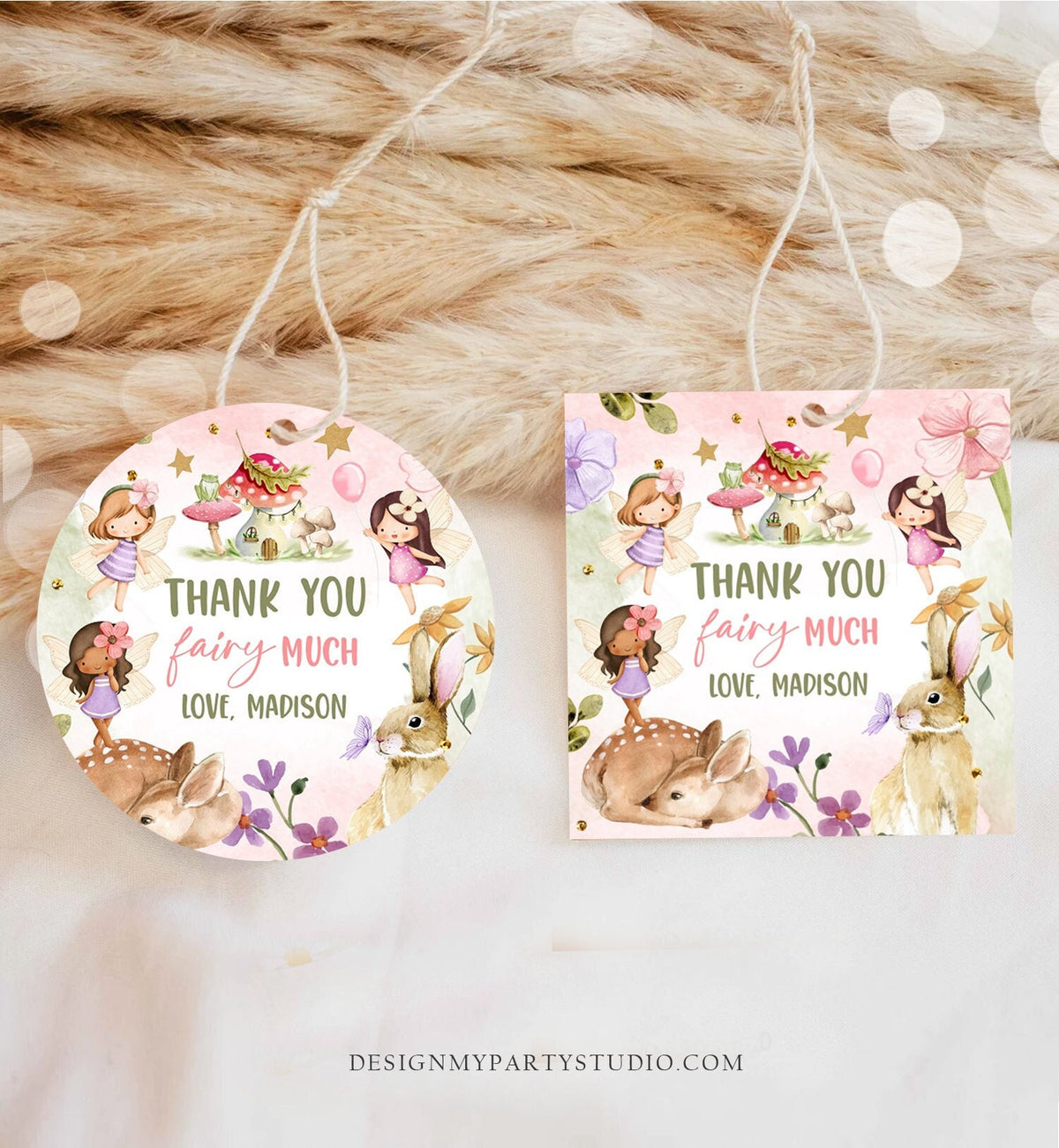 Editable Fairy Favor Tags Enchanted Forest Birthday Thank you tags Label Girl Fairy Garden Stickers Download Template PRINTABLE Corjl 0438