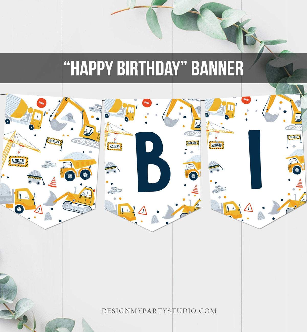 Happy Birthday Banner Construction Birthday Banner Boy Dump Truck Birthday Banner Decor Digger Instant download PRINTABLE DIGITAL DIY 0458