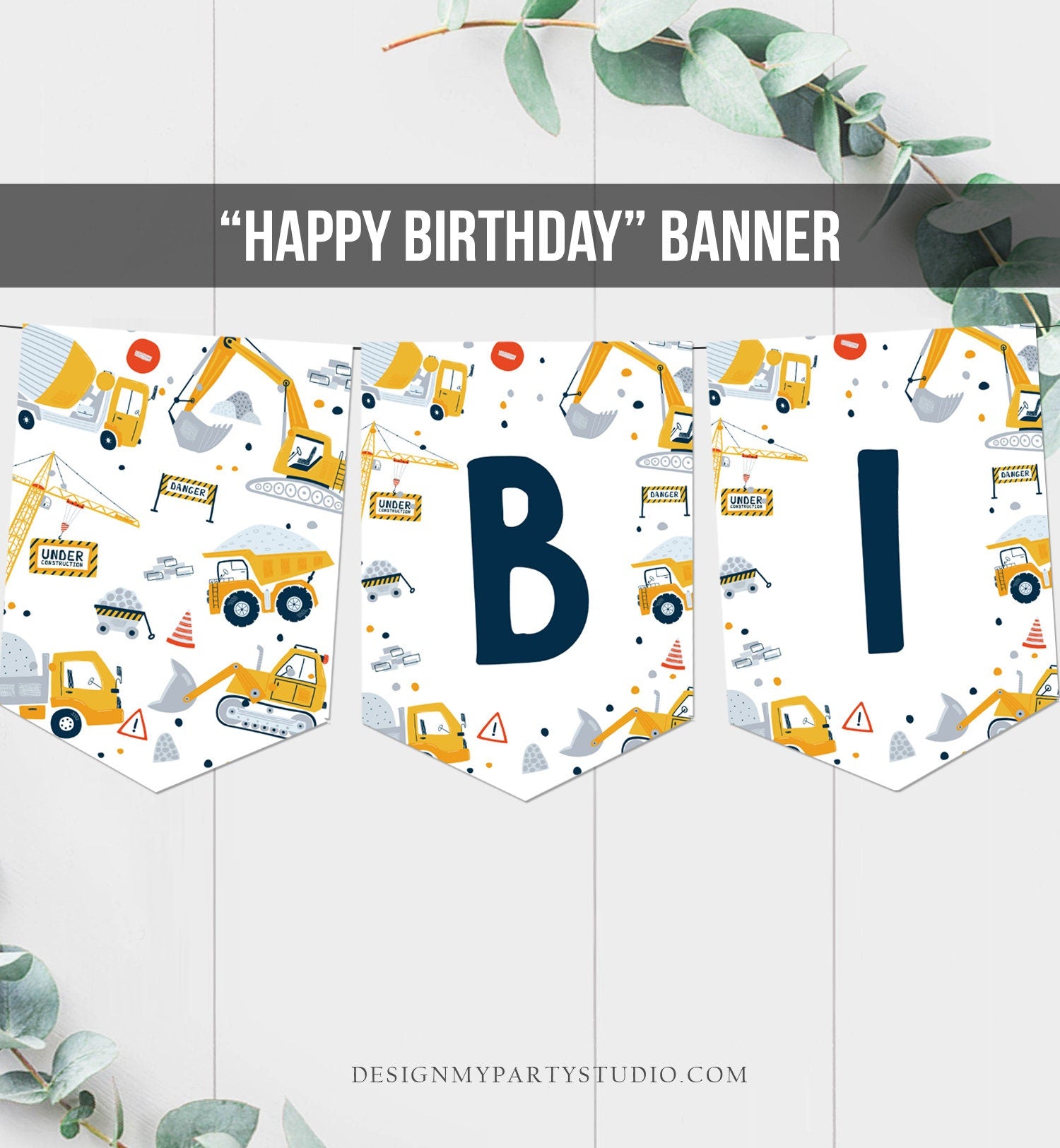 Happy Birthday Banner Construction Birthday Banner Boy Dump Truck Birthday Banner Decor Digger Instant download PRINTABLE DIGITAL DIY 0458