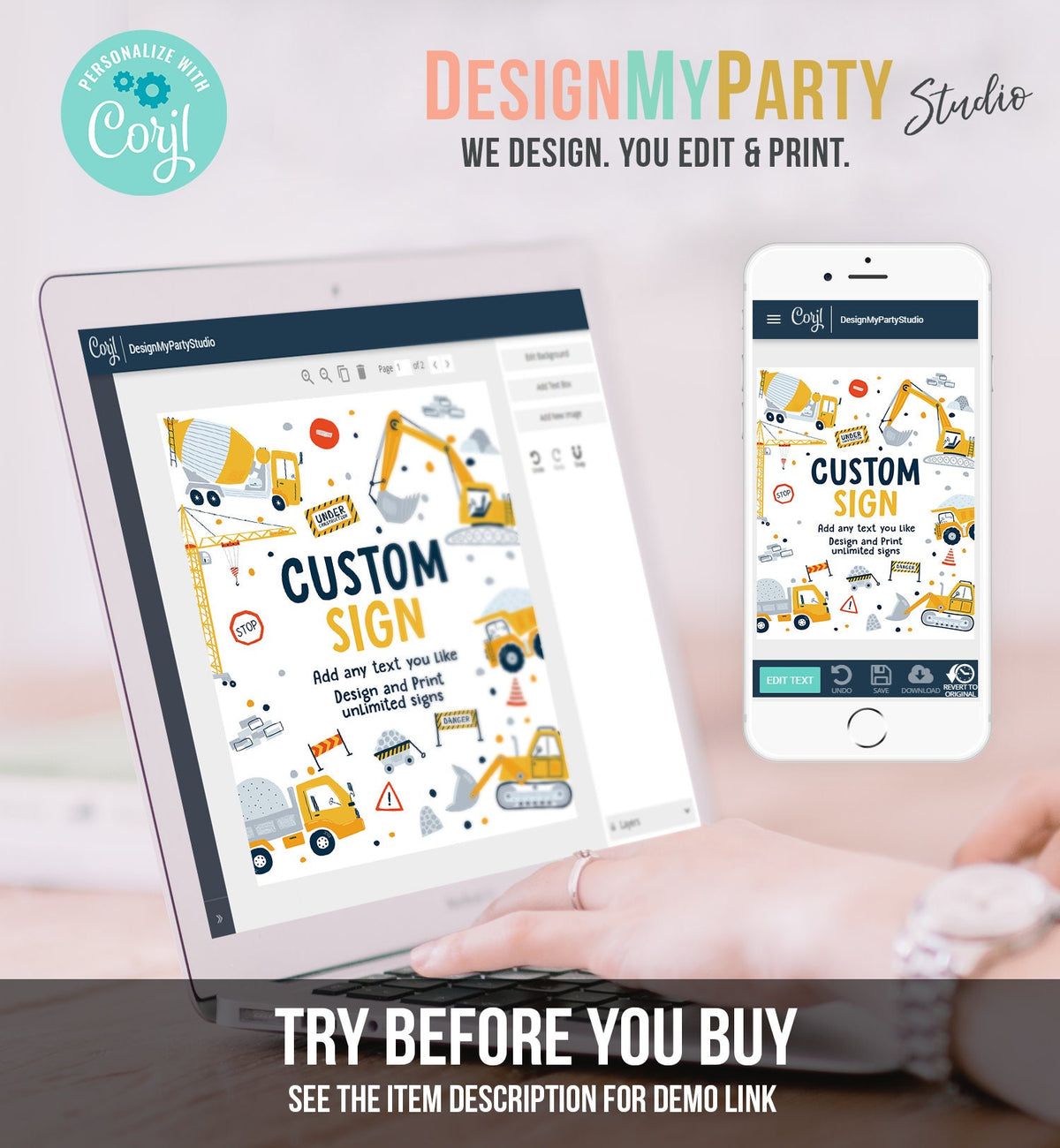 Editable Custom Sign Construction Birthday Party Sign Construction Dump Truck Digger Party Decoration 8x10 Instant Download PRINTABLE 0458